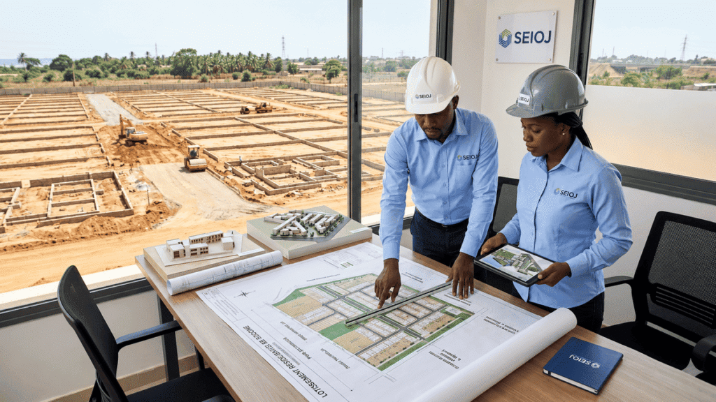 Image représentant deux employés d'une agence immobilière, entrain de réaliser une opération de lotissement